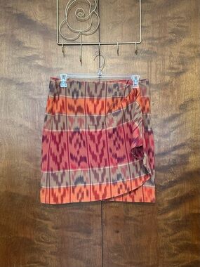 Lauren Ralph Lauren Linen Blend Fall Wrap Skirt Womens 12 Berry Multi Geometric